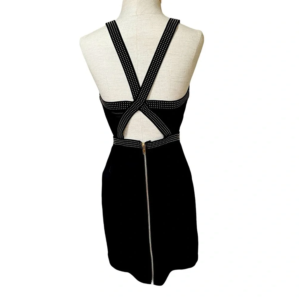 Forever 21 Black Halter Bodycon Mini Dress Gold Accents & Zipper Cut-Out Back -S